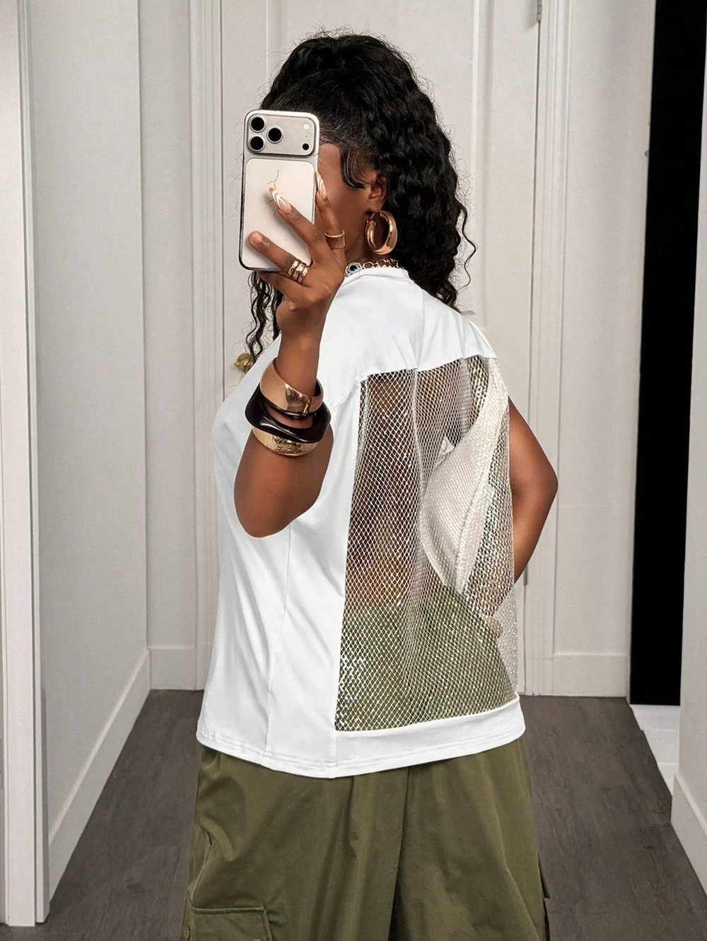 ZARA Solid Color Round Neck Mid Sleeve Loose Sexy Backless Mesh Top